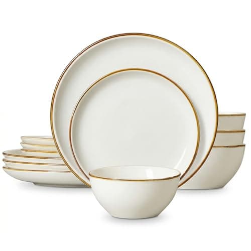ONEMORE Plates and Bowls Set, Dinnerware Sets for 4, Porcelain Kitchen Dishes Set 12pcs, Scratch Resistant, Modern Aesthetic Dishware Sets- Microwave & Dishwasher Oven Safe,Farmhouse Style Cream White - Image 1
