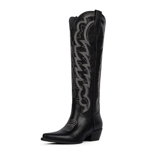 Modatope Cowgirl Boots Women Black Knee High Embroidered Pull on Womens Cowboy Boots Chunky Heel Pointed Toe Retro Wide Calf Western Boot Size 9.5 - Image 1