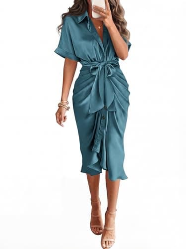 BTFBM Shirt Dresses for Women Spring Button Short Sleeve Silk Satin Ruched Maxi Summer Dress 2026 Cocktail Party Wedding(Blue Green, Small) - Image 1