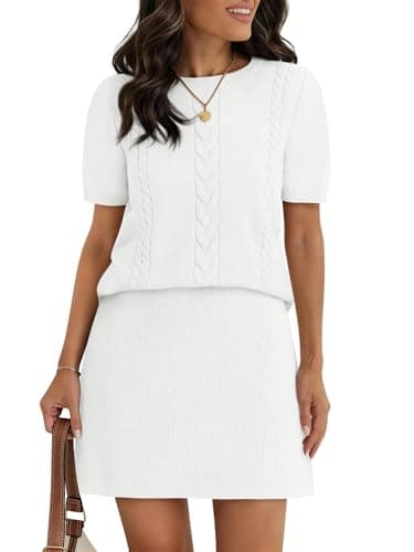 COCCKO Two Piece Sets for Women Casual Round Neck Sweater Sets Skirt Short Sleeve and Mini Dress Sets Loungewear 2026 White M - Image 1