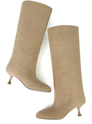 vivianly Women's Wide Calf Suede Knee Boots Pull-On 2.24" Kitten Heel Tall Boots Comfortable Versatile Dress Boots for Formal Daily Wear Khaki Size 12 - Image 1