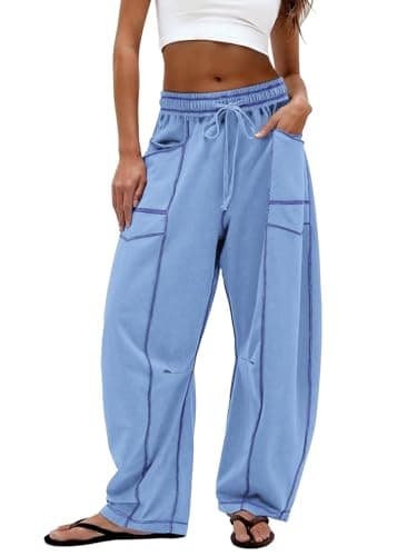Dokuritu Barrel Pants Women Casual Elastic Waist Wide Leg Pants Drawstring Lounge Baggy Sweatpants with Pockets Light Blue - Image 1