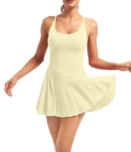 YOAKUKA Women's Flowy Tennis Dress with Built in Shorts & Bra Spaghetti Crossover Back Strap Athletic Workout Active Jumpsuit Beige - Image 1