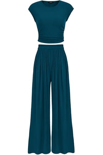 PRETTYGARDEN Women's Summer 2 Piece Outfits 2025 Cap Sleeve Ruched Slim T Shirt Ribbed Knit Wide Leg Pant Sets Tracksuit(Lake Blue,Medium) - Image 1