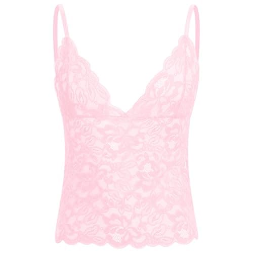 ABAFIP Men’s Sissy Lace Cami Top Floral Sheer Camisole Ruffle V-Neck Sleeveless Shirt See Through Undershirt Pink Medium - Image 1