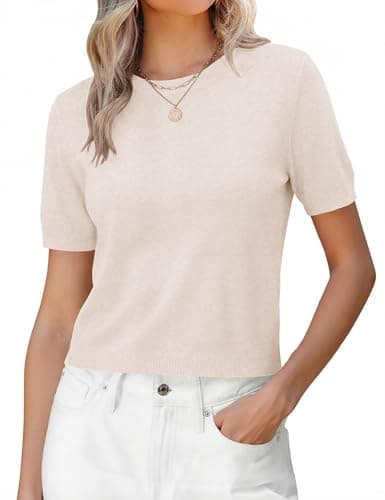 LaGracia Cropped Sweaters for Women Short Sleeve Crewneck Cashmere Wool Blend Lightweight Business Casual Sweater Crop Tops Summer Spring Vacation Outfits Light Almond M - Image 1