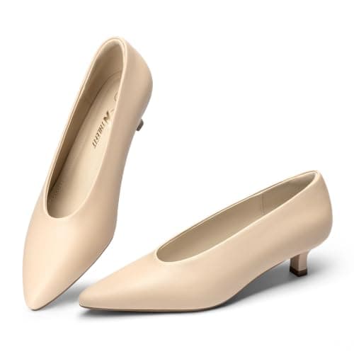 Athlefit Women's Closed Pointed Toe Low Kitten Heels 1.5-Inch Comfortable Dress Pumps Shoes for Wedding Party Office Nude Size 9, AD01064