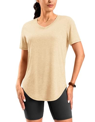 Viodia Womens Workout Tops Full Back Coverage Athletic Shirt UPF 50+ Quick Dry Short Sleeve T Shirts V Neck Gym Yoga Tunic Heather Oatmeal Khaki 2XL - Image 1