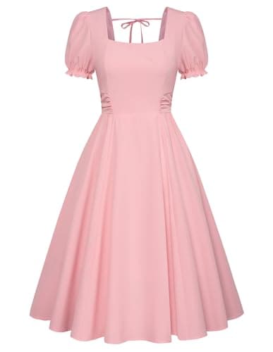Belle Poque Light Pink Vintage 1950s Cocktail Party Dress 2026 Summer Square Neck Flowy Midi Baby Bridal Shower Dress L - Image 1
