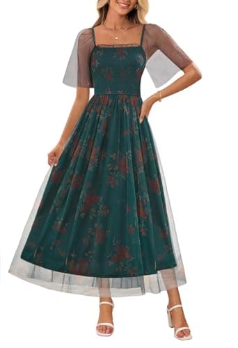 MEROKEETY Women's 2025 Summer Short Sleeve Floral Tulle Dress Square Neck Smocked Party Wedding Boho Maxi Dresses, Green, L - Image 1