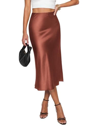 PRETTYGARDEN Womens Satin Skirt 2026 Summer Silk Business Casual High Waisted A Line Flowy Work Wedding Cocktail Midi Skirts (Brown,X-Large) - Image 1