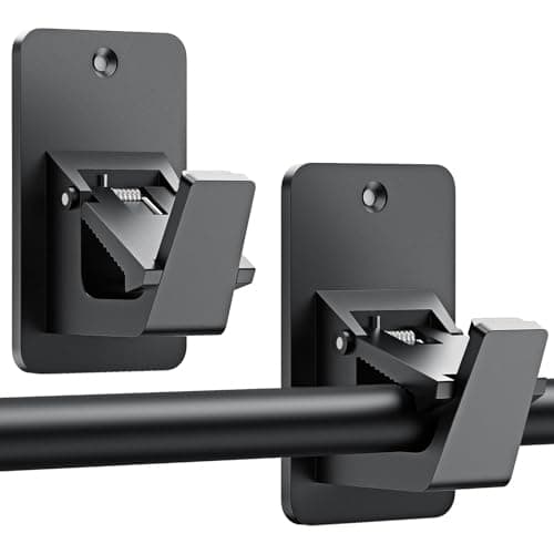 No Drill Curtain Rod Brackets, Universal Curtain Rod Holder, 2 Pack Self Adhesive Curtain Rod Bracket Heavy Duty 30 LB, Nail Free Curtain Rod Bracket for Bathroom, Bedroom, Livingroom, Kitchen, Black - Image 1