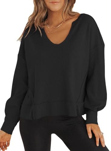 Dokotoo Womens Tops Trendy 2025 Spring Outfits Black Long Sleeve Shirts Women Dressy Casual Cute Cropped Sweaters Blouses Oversized Loose Fit Tshirts Fashion Knit Basic Comfort Shirt M - Image 1