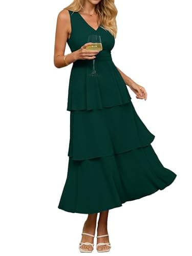 BerryGo Womens Summer Sleeveless Maxi Dress Chiffon Flowy V Neck Casual Ruffle Tiered Boho Wedding Guest Beach Long Sundress Dark Green XL - Image 1