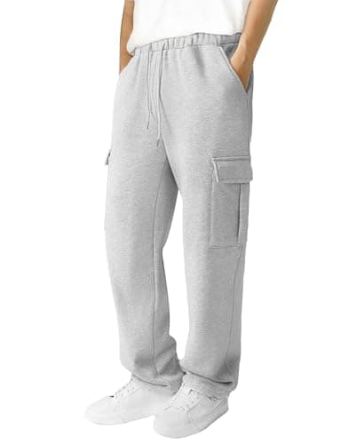 3rd hill Men's Fleece Cargo Sweatpants Loose Fit Cotton Joggers with 5 Pockets Open Bottom for Gym Hiking Casual Wear Grey XL