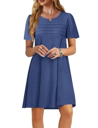 Imily Bela Womens Summer Casual T Shirt Dress Short Sleeve Crewneck Pleated Front Loose Beach Flowy Mini Dresses Navy - Image 1