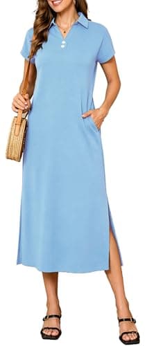 BEXIBOOM Women's Shirt Dress, Summer Maxi Dress with Sleeves, V Neck Collared Cap Sleeve Casual Long Dress with Pockets for Vacation Denim Blue-3XL - Image 1