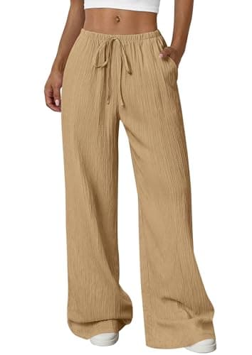 PRETTYGARDEN Womens Palazzo Pants Summer Fashion 2026 High Waisted Wide Leg Drawstring Flowy Beach Trousers with Pockets (Khaki,XX-Large) - Image 1