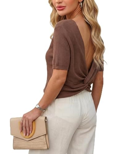 Tanming Womens Cropped Knit Sweater Short Sleeve Lightweight Casual Basic Tops Fall Summer Textured Pullover Sweaters(Coffee-S) - Image 1