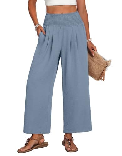Lepunuo High Waisted Wide Leg Palazzo Pants for Women Summer Beach Vacation Trousers with Pockets Misty Blue Medium - Image 1