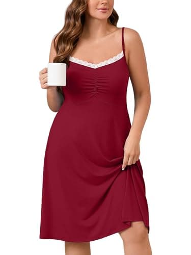 AusLook Plus Size Women's Nightgown Wine Red 1X Spaghetti Strap Sleepwear Soft Sleeveless Lace V Neck Cami Sleep Dress - Image 1