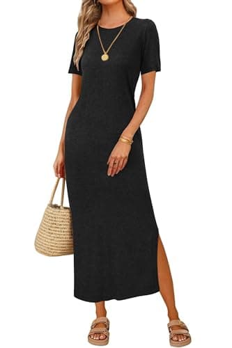 Arach&Cloz Womens Summer Wool Blend T Shirt Maxi Dress 2026 Spring Casual Short Sleeve Crew Neck Slit Fashion Sweater Knit Long Dresses Trendy Travel Vacation Outfits Black S - Image 1