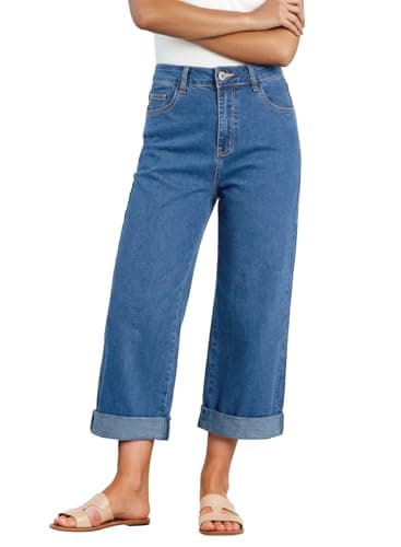 Sidefeel Women's Wide Leg Jeans High Waisted Stretchy Rolled Hem Ankle Capri Pants Size 4 Blue - Image 1