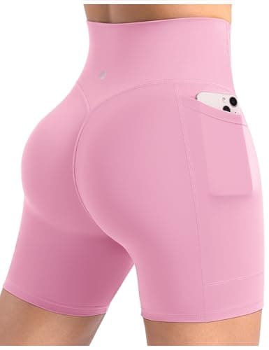 ENERBLOOM Workout Biker Shorts Womens with Pockets High Waist Yoga Gym Running Volleyball Athletic Shorts 6" Pastel Pink Medium - Image 1