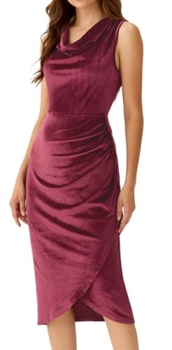 FeteChiq Wedding Guest Dress for Women Velvet Dress Cowl Neck Sleeveless Cocktail Party Dresses(Wine,M) - Image 1