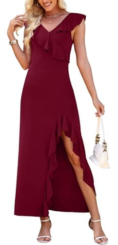 WEACZZY Womens V Neck Sleeveless Backless Casual Flowing Maxi Dress Elegant Wedding Guest Dress Party Club Dress,Wine Red,S - Image 1