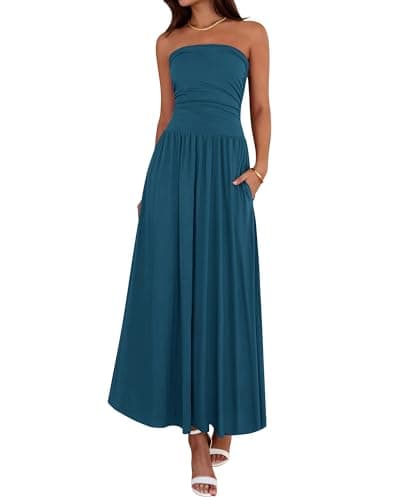 BTFBM Summer Maxi Dresses for Women 2026 Strapless Ruched Tube Top Beach Vacation Spring Wedding Guest Dress Pockets(Dark Blue, XX-Large) - Image 1