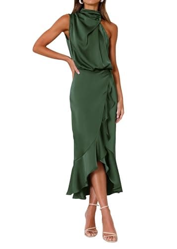 KIRUNDO Women 2026 Spring Summer Satin Mock Neck Wedding Guest Party Cocktail Midi Dress Sleeveless Wrap Ruffle Formal Dress(Army Green, XX-Large) - Image 1
