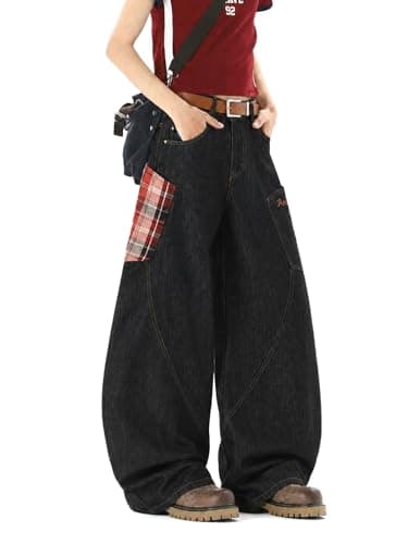 Aelfric Eden Baggy Barrel Jeans Plaid Big Pocket Wide Leg Denim Pants Unisex Casual Oversized Y2K Streetwear Hip Hop Jeans Black 30 - Image 1