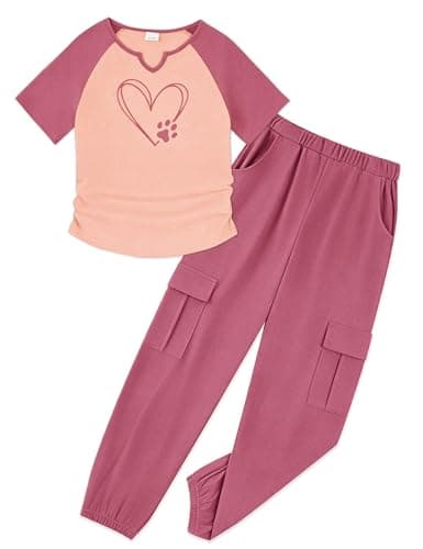 GEMLON Cute Outfits for Girls Short Sleeve Heart Print Tee and Cargo Pants with Pockets 2 Piece Summer Girls Size 14 Clothes - Image 1