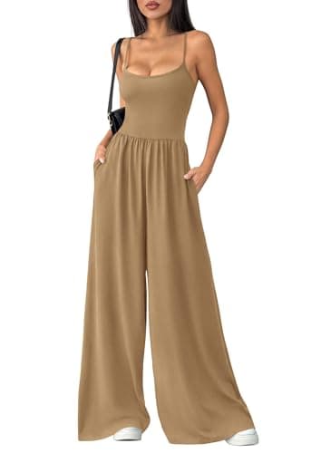 PRETTYGARDEN Jumpsuits for Women Summer 2026 Sleeveless Wide Leg Date Night Rompers Beach Vacation Cruise One Piece Outfits(Khaki,Large) - Image 1