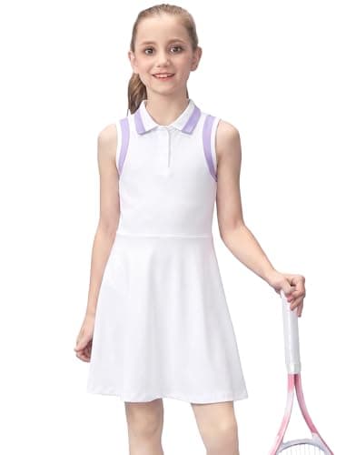 Gogokids Girls Tennis Dress Sleeveless Quick Dry Athletic Polo Dress for Golf Activewear Sports Outfit, White, 9-10 Years, 140 - Image 1