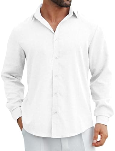 MAPICK Mens Linen Textured Shirts Casual Button Down Long Sleeve Fall Tropical Beach Vacation Shirts(White,XX-Large) - Image 1