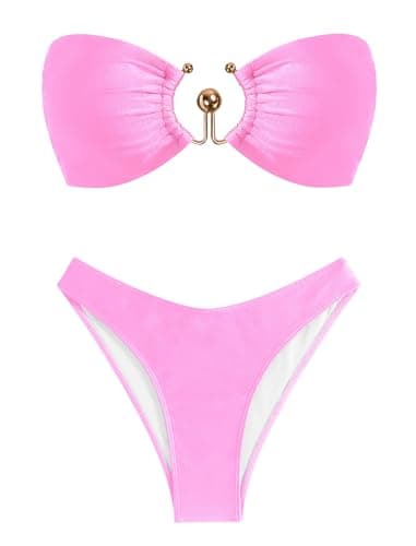 ZAFUL Women's 2 Piece Strapless Smocked Ring Tanga Bandeau Bikini Set Swimsuit Bathing Suits Pink L - Image 1