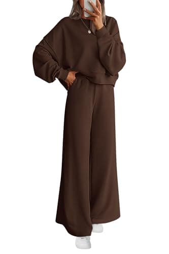 PRETTYGARDEN Women 2 Piece Outfits 2026 Fall Sweatsuits Crewneck Sweatshirt Wide Leg Sweatpants Lounge Sets Tracksuit(Dark Brown,Medium) - Image 1