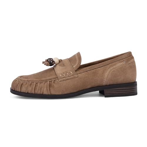 VIUGJNEX Loafers for Women Tan Flats Shoes Women Dressy Comfortable Ruched Toe Beaded Moccasins Womens Faux Suede Womens Loafers Slip on Office Work Flats Casual Walking Shoes Size 9 - Image 1