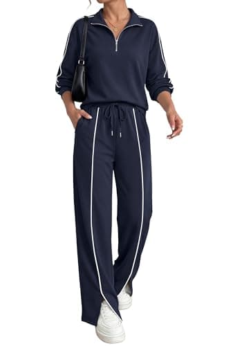 BTFBM Two Piece Sets for Women Fall Fashion 2026 Long Sleeve Half Zip Lounge Set Wide Leg Pants Vacation Airport Outfits (Navy,Medium) - Image 1