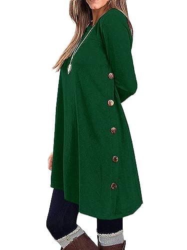 KORSIS Dresses for Women Deep Green Small Long Sleeve Round Neck Casual Button Side T Shirts Loose Fitting Christmas Sweater Fall Winter Tunic With Leggings - Image 1