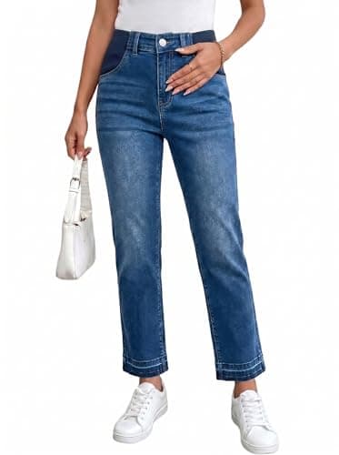 BLENCOT Women Maternity Pants Denim High Waisted Trendy Straight Leg Comfy Work Waistband Skinny Elastic Stretch Plus Size Ankle Jeans Outfits Pregnant Clothes XX-Large Ashleigh Blue - Image 1