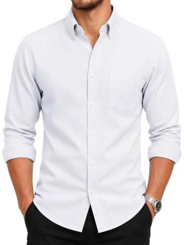 GIANZEN Mens White Button Down Shirt Long Sleeve Up Dress Slim Fit for Big Men Shirts Men's Oxford Casual Cotton Regular White Size L - Image 1