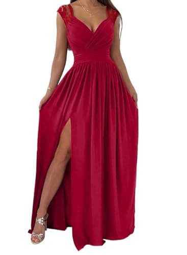 Dokotoo Womens Ladies Elegant Floor Length A Line Wrap Deep V Neck Backless Ruched Pleated Ruffled Split Long Maxi Formal Evening Party Prom Dress Bridesmaid Wedding Guest Dresses for Women Wine S - Image 1