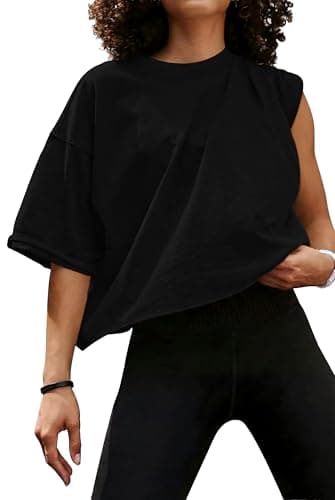 JINKESI Women's Loose Workout Crop Tops Casual Short Sleeve Drop Shoulder T-Shirts Basic Loose Yoga Running Tees Black-XL - Image 1