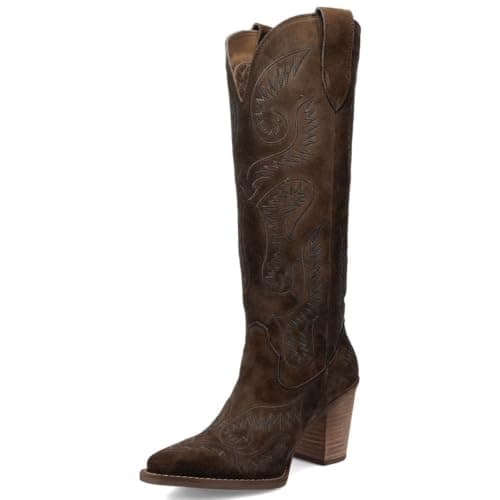 femflame Brown Women's Cowboy Boots Western Boots with Embroidery Suede Knee High Boots for Women Cowgirl Boots Wide Calf Boots for Women with Pointed Toe Chunky Heels Zipper - Image 1