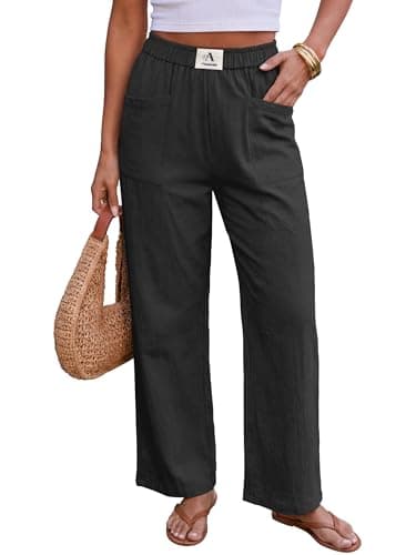 AUMORA Womens Pants Wide Leg Palazzo Pants Casual High Waisted Summer Flowy Beach Casual Trousers with Pockets Black - Image 1
