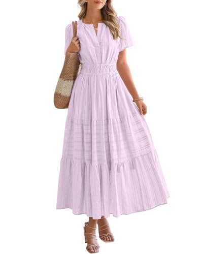 BTFBM Womens Summer 2026 Casual Midi Maxi Dresses Lightweight Short Sleeve V Neck Elastic Waist Boho Beach Dress Pockets(Light Pink Purple, XX-Large) - Image 1