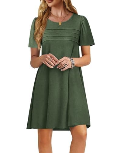 Imily Bela Womens Summer Casual T Shirt Dress Short Sleeve Crewneck Pleated Front Loose Beach Flowy Mini Dresses Army Green - Image 1